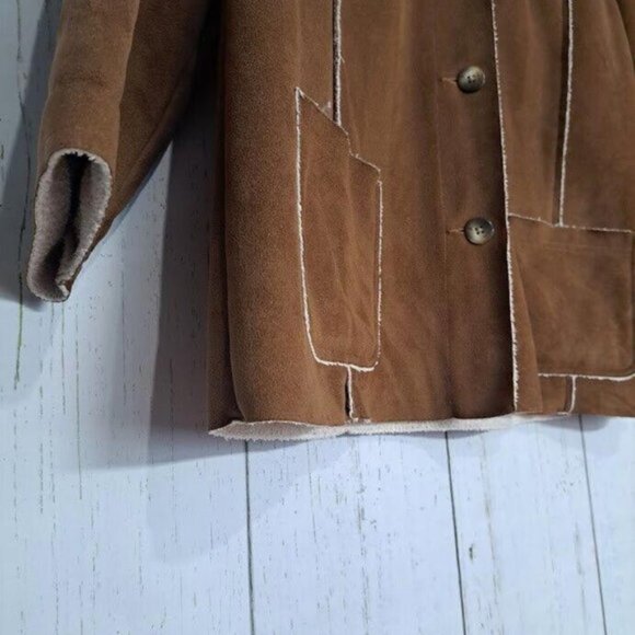 LL Bean Size XL Petite Womens Brown White Suede Sherpa Button Down Jacket - Picture 7 of 8